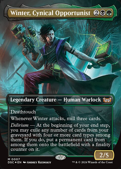 Winter, Cynical Opportunist (Borderless) (DSC 7) [Duskmourn: House of Horror Commander]